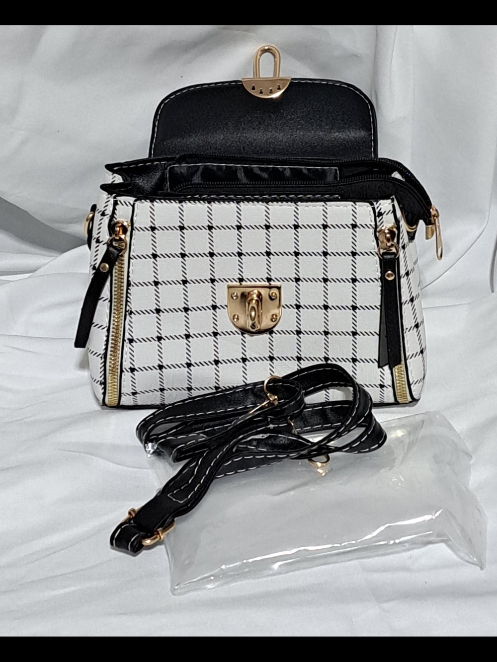 Plaid Black and White Top-Handle Satchel with Charm - Picture 8 of 16